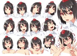 Rule 34 | 1girl, :d, ^ ^, ahegao, black hair, blush, clenched teeth, closed eyes, cropped shoulders, double v, drooling, expressions, grin, hair between eyes, hands up, hat, head tilt, highres, long hair, looking at viewer, multiple views, nude, open mouth, pointy ears, pom pom (clothes), portrait, red eyes, shameimaru aya, shirt, short hair, simple background, smile, sweat, sy4, tassel, teeth, tokin hat, touhou, v, very long hair, white background, white shirt, wing collar