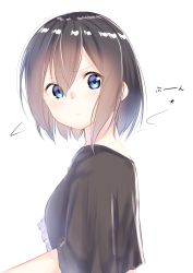Rule 34 | 1girl, :&lt;, black shirt, blue eyes, blush, brown hair, bug, closed mouth, commentary request, fly, hair between eyes, head tilt, highres, insect, light frown, looking at viewer, looking to the side, original, shirt, short sleeves, sidelocks, simple background, solo, suzunari shizuku, white background, yuki arare