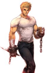 Rule 34 | blonde hair, blood, capcom, cody travers, cuffs, final fight, handcuffs, highres, knife, male focus, street fighter