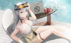 Rule 34 | 1girl, alcoholism (user tdjm4773), animal ear fluff, animal ears, arknights, arm up, bag, bare legs, bare shoulders, bikini, bikini bottom only, black bikini, black choker, black hair, black hat, blush, breasts, can, cat ears, choker, cleavage, closed mouth, day, drink can, eyewear on head, feet out of frame, from above, glass table, gradient hair, grey hair, hat, large breasts, looking at viewer, looking up, multicolored hair, outdoors, ponytail, pool, poolside, rimless eyewear, schwarz (arknights), see-through, shirt, sidelocks, sitting, soda can, solo, sunglasses, swimsuit, table, tank top, thigh strap, tile floor, tiles, timestamp, tinted eyewear, translation request, visor cap, water, white shirt, yellow-tinted eyewear, yellow eyes