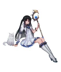 Rule 34 | 1girl, absurdres, animal, arm support, black hair, boots, bracelet, capelet, cat, character request, closed mouth, copyright request, detached sleeves, dress, egk513, frilled dress, frills, full body, hair between eyes, hand up, high heels, highres, holding, holding wand, invisible chair, jewelry, knee boots, long sleeves, looking at viewer, purple eyes, sidelocks, simple background, single detached sleeve, sitting, smile, solo, spiked bracelet, spikes, twintails, wand, white background, white cat, white dress, white footwear, wing collar