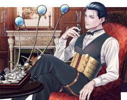 Rule 34 | 1boy, blue eyes, blue hair, bow, bowtie, chess piece, chessboard, collared shirt, corset, crossed legs, fate/grand order, fate (series), fireplace, hair slicked back, holding, looking at viewer, magnifying glass, sherlock holmes (fate), shirt, sitting, vest