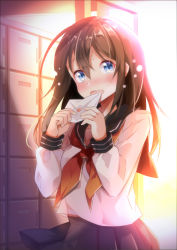 Rule 34 | 1girl, backlighting, black sailor collar, blue eyes, blue skirt, blush, brown hair, commentary request, cowboy shot, embarrassed, getabako, hair between eyes, heart, holding, holding letter, indoors, letter, long hair, long sleeves, looking at viewer, love letter, neckerchief, nose blush, open mouth, original, pleated skirt, red neckerchief, sailor collar, school, school uniform, serafuku, shiro kuma shake, skirt, solo, sweat, nervous sweating, white legwear