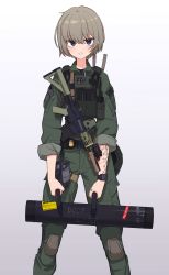 Rule 34 | 1girl, absurdres, battering ram, bebetang, black eyes, blush, brown hair, commentary, english commentary, fbi, grin, gun, highres, long sleeves, looking at viewer, original, parted lips, short hair, smile, solo, tattoo, teeth, weapon
