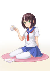Rule 34 | 1girl, blue skirt, blush, breasts, brown hair, character request, closed mouth, collarbone, copyright request, cup, full body, green eyes, highres, holding, holding cup, kemo (pokka), looking at viewer, medium breasts, multicolored hair, school uniform, serafuku, short hair, sitting, skirt, smile, solo, thighhighs, white hair, white thighhighs