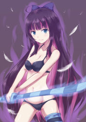 Rule 34 | 10s, 1girl, bad id, bad pixiv id, bare shoulders, black bra, black panties, blue eyes, bra, breasts, cleavage, colored inner hair, feathers, hair ribbon, kyuri, lingerie, long hair, multicolored hair, navel, panties, panty &amp; stocking with garterbelt, ribbon, solo, stocking (psg), striped clothes, striped thighhighs, stripes i &amp; ii, sword, thighhighs, two-tone hair, underwear, underwear only, weapon