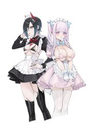 Rule 34 | 2girls, apron, azur lane, back bow, bad id, bad twitter id, bikini, black bra, black dress, black hair, black thighhighs, bow, bra, breastless clothes, breasts, claw ring, dress, drill hair, ear piercing, eyes visible through hair, framed breasts, frilled apron, frills, garter straps, gloves, hand in own hair, hand on own hip, height difference, highres, horns, long hair, long sleeves, looking at viewer, maid apron, maid headdress, mechanical horns, micro bikini, multicolored hair, multiple girls, nail polish, ohisashiburi, piercing, pink bra, pink dress, pink eyes, pink hair, plump, plymouth (azur lane), puffy short sleeves, puffy sleeves, red bow, red horns, red nails, short dress, short hair, short sleeves, simple background, skindentation, small breasts, standing, swimsuit, thighhighs, twin drills, twintails, two-tone hair, ulrich von hutten (azur lane), ulrich von hutten (mayhem maid) (azur lane), underwear, v arms, waist apron, weight difference, white apron, white background, white garter straps, white gloves, white hair, white thighhighs, yellow eyes