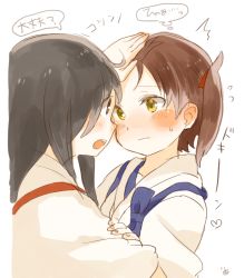 Rule 34 | 10s, 2girls, ^^^, akagi (kancolle), artist name, black hair, blush, brown eyes, brown hair, commentary, flying sweatdrops, hair ribbon, hand on another&#039;s head, ina (1813576), japanese clothes, kaga (kancolle), kantai collection, kimono, long hair, multiple girls, open mouth, partially translated, red ribbon, ribbon, round teeth, side ponytail, straight hair, sweatdrop, tasuki, teeth, translation request, upper body