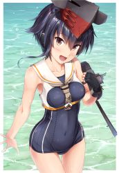 Rule 34 | 10s, 1girl, bare shoulders, between breasts, black gloves, black hair, blush, border, breasts, brown eyes, clothes pull, collarbone, commentary request, covered navel, fingerless gloves, framed breasts, from above, gloves, hair between eyes, hat, headgear, headphones, i-14 (kancolle), ichikawa feesu, kantai collection, looking at viewer, medium breasts, ocean, one-piece swimsuit pull, open mouth, outside border, raised fist, sailor collar, school swimsuit, short hair, single glove, smile, solo, swimsuit, wet, white border