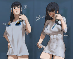 Rule 34 | ..., 1girl, abs, adapted costume, black hair, blouse, blue eyes, blush, breasts, cellphone, english text, grey shirt, hand on own hip, holding, holding phone, hong doo, junketsu, kill la kill, kiryuuin satsuki, large breasts, long hair, looking at viewer, meme, nose blush, open mouth, pajamas challenge, phone, prank, selfie, shirt, short sleeves, sidelocks, sleeves past elbows, smartphone, spoken ellipsis, taut clothes, taut shirt, teeth, upper teeth only, wet, wet clothes, wet shirt