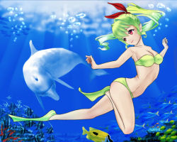 Rule 34 | 00s, 1girl, alternate eye color, alternate hair color, arched back, bandeau, bare arms, bare legs, bare shoulders, bikini, breasts, bubble, cleavage, collarbone, coral, diving, dolphin, female focus, fish, flippers, freediving, green bikini, green hair, hair ribbon, holding breath, legs, long hair, looking at another, looking back, marin (umi monogatari), midriff, neck, ocean, ponytail, red eyes, ribbon, richthofen4, skindentation, smile, strapless, strapless bikini, swimming, swimsuit, umi monogatari, underwater, wk-dekorativ
