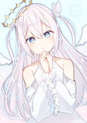 Rule 34 | 1girl, bare shoulders, blue background, blue eyes, commission, detached sleeves, detached wings, dress, dutch angle, frilled sleeves, frills, grey hair, hair between eyes, hair ribbon, halo, heart, highres, interlocked fingers, long hair, long sleeves, looking at viewer, mini wings, original, own hands clasped, own hands together, parted lips, ribbon, signature, simple background, skeb commission, sleeveless, sleeveless dress, sofra, solo, sparkle, spoken heart, twitter username, two side up, very long hair, white dress, white ribbon, white sleeves, white wings, wings
