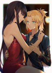 Rule 34 | 2girls, bare shoulders, black hair, black shirt, blonde hair, braid, commentary, dress, english commentary, eye contact, fate/apocrypha, fate/grand order, fate (series), green eyes, hair ornament, hair scrunchie, hand on another&#039;s shoulder, long hair, looking at another, medium hair, mordred (fate), mordred (fate/apocrypha), multiple girls, navel, pointy ears, red dress, red scrunchie, scrunchie, semiramis (fate), shirt, short ponytail, sleeveless, sleeveless dress, strapless, strapless dress, yellow eyes, yorukun, yuri