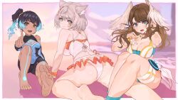 Rule 34 | 3girls, :d, animal ears, ass, barefoot, blue eyes, blue hair, blurry, blurry background, body markings, border, breast tattoo, breasts, brown eyes, brown hair, cat ears, cat girl, closed mouth, commentary, dark-skinned female, dark skin, english commentary, eunie (xenoblade), eyelashes, feet, fiery hair, flower, frilled skirt, frills, gbbgb321, grey hair, head wings, highres, large breasts, long hair, looking at viewer, looking back, medium hair, mio (xenoblade), multicolored hair, multiple girls, official alternate costume, one-piece swimsuit, open mouth, outside border, panties, pantyshot, sena (xenoblade), short hair, side ponytail, sitting, skirt, small breasts, smile, soles, swimsuit, tattoo, teeth, toes, two-tone hair, underwear, upper teeth only, white border, white flower, white panties, wings, xenoblade chronicles (series), xenoblade chronicles 3