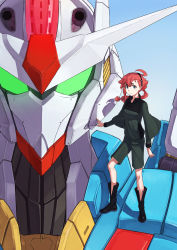 Rule 34 | 1girl, absurdres, ahoge, blue background, blue eyes, boots, breasts, commentary, full body, gradient background, green eyes, gundam, gundam aerial, gundam suisei no majo, hairband, highres, long hair, long sleeves, looking at viewer, mecha, mobile suit, ponytail, red hair, robot, shorts, small breasts, standing, sugerxiaoxiao, suletta mercury, upper body, v-fin, white background