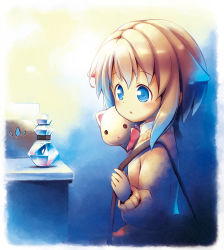 Rule 34 | 1girl, aikei ake, animal, bag, blue eyes, blue hair, blush, bottle, bow, brown hair, brown sweater, cat, collared shirt, gradient hair, hair between eyes, hair flaps, highres, long sleeves, looking away, multicolored hair, original, parted lips, puffy long sleeves, puffy sleeves, red bow, shirt, shoulder bag, solo, sweater, upper body, white shirt