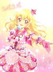 Rule 34 | 10s, 1girl, 2015, aikatsu!, aikatsu! (series), blonde hair, dated, dress, earrings, frilled dress, frills, gloves, happy birthday, hat, heart, highres, holding, holding microphone, hoshimiya ichigo, jewelry, long hair, looking at viewer, microphone, mini hat, necklace, open mouth, outstretched arm, red eyes, short sleeves, smile, solo, to toko ba na