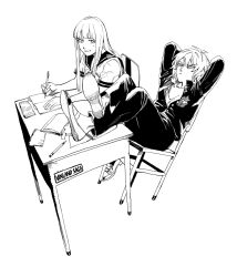 Rule 34 | 2boys, alternate costume, androgynous, canute, chair, character request, closed mouth, contemporary, copyright name, crossdressing, gakuran, greyscale, highres, holding, legs on table, male focus, monochrome, multiple boys, notebook, pen, reclining, ruukii drift, school uniform, serafuku, short sleeves, simple background, sitting, smile, sweatdrop, thorfinn, vinland saga, white background, writing