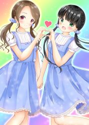 Rule 34 | 2girls, :d, black hair, blue dress, blue scrunchie, blush, brown hair, closed mouth, copyright request, crescent, crescent hair ornament, dress, fingernails, green eyes, green nails, hair ornament, hair scrunchie, head tilt, heart, heart hands, heart hands duo, highres, holding hands, inahori, long hair, looking at viewer, low twintails, multiple girls, nail polish, open mouth, pink nails, puffy short sleeves, puffy sleeves, red eyes, scrunchie, shirt, short sleeves, sleeveless, sleeveless dress, smile, sparkle, standing, standing on one leg, star (symbol), star hair ornament, swept bangs, twintails, very long hair, white shirt