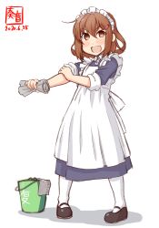 Rule 34 | 1girl, alternate costume, apron, artist logo, black footwear, blue dress, brown eyes, brown hair, bucket, commentary request, dated, dress, enmaided, fang, female focus, frilled apron, frills, full body, hair ornament, hairclip, highres, ikazuchi (kancolle), kanon (kurogane knights), kantai collection, looking at viewer, maid, maid headdress, mary janes, open mouth, rag, repair bucket, shoes, short hair, simple background, skin fang, sleeves rolled up, smile, solo, standing, white apron, white background, white legwear