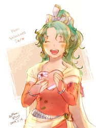 Rule 34 | 1girl, bad id, bad pixiv id, breasts, cape, commentary request, detached sleeves, dress, elbow gloves, final fantasy, final fantasy vi, gloves, green hair, hair ribbon, happy valentine, heart, jewelry, komugiko no mori, long hair, open mouth, ponytail, ribbon, smile, solo, tina branford