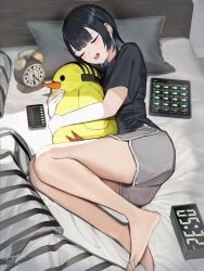Rule 34 | 1girl, absurdres, alarm clock, barefoot, bed, black hair, cellphone, clock, closed eyes, dolphin shorts, douryou (buta5813), drooling, highres, lying, hugging object, on side, original, phone, short hair, shorts, sleeping, smartphone, solo, stuffed animal, stuffed toy, tablet pc, tetto (onnoveltet)