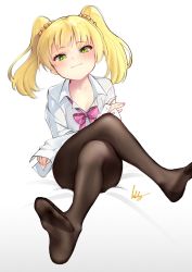 Rule 34 | 1girl, blonde hair, blush, bow, bowtie, breasts, brown pantyhose, closed mouth, crossed arms, crossed legs, dress shirt, green eyes, highres, idolmaster, idolmaster cinderella girls, jougasaki rika, long hair, long sleeves, looking at viewer, no pants, pantyhose, purple bow, purple bowtie, shirt, simple background, sitting, small breasts, smile, solo, striped bow, striped bowtie, striped clothes, striped neckwear, sumi (oyasumie), two side up, white background, white shirt