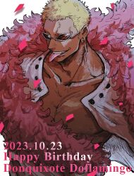 Rule 34 | 1boy, absurdres, blonde hair, character name, coat, dated, donquixote doflamingo, earrings, english text, eyes visible through eyewear, feather coat, happy birthday, highres, jewelry, looking at viewer, male focus, muscular, muscular male, one piece, open clothes, pectorals, pink coat, shirt, short hair, sunglasses, teeth, tongue, tongue out, tsuru 356, upper body, upper teeth only, white shirt