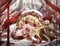 Rule 34 | 1girl, absurdres, ascot, blonde hair, cheek pull, crystal, flandre scarlet, frilled skirt, frilled sleeves, frills, hair between eyes, hat, highres, imhel1 1, long hair, looking at viewer, lying, mob cap, mouth pull, multicolored wings, on ground, on stomach, puffy short sleeves, puffy sleeves, red eyes, red ribbon, red skirt, red vest, ribbon, shirt, short sleeves, side ponytail, skirt, skirt set, solo, stuffed animal, stuffed toy, teddy bear, teeth, tongue, touhou, vest, white hat, white shirt, wings, wrist cuffs, yellow ascot