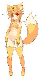 Rule 34 | 1girl, ?, animal ears, blonde hair, blush, boots, bottomless, breasts, cleft of venus, elbow gloves, fang, fox ears, full body, gloves, green background, halterneck, halterneck, moonlight flower, navel, open mouth, pussy, ragnarok online, red eyes, short hair, simple background, small breasts, solo, standing, tail, thigh boots, thighhighs, tsudero, uncensored, white background