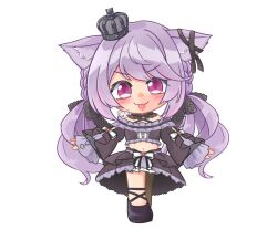 Rule 34 | 1girl, :3, animal ear fluff, animal ears, black bow, black collar, black footwear, black ribbon, black skirt, black sleeves, black tube top, blush, bow, bow skirt, cat ears, chibi, closed mouth, collar, commentary, criss-cross halter, crown, detached collar, detached sleeves, ear ribbon, frilled tube top, frills, full body, hair bow, halterneck, ina uruu, kica28v, long hair, looking at viewer, low twintails, medium bangs, midriff, mini crown, nanashi inc., navel, pink eyes, purple hair, ribbon, shoes, simple background, skirt, smile, solo, strapless, tongue, tongue out, tube top, twintails, two-tone bow, v-shaped eyebrows, virtual youtuber, white background, white bow
