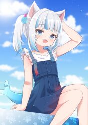 Rule 34 | 1girl, :d, animal ears, arm behind head, blue dress, blue eyes, blue hair, cat ears, commentary request, cube hair ornament, dress, fins, fish tail, gawr gura, gawr gura (casual), grey hair, hair ornament, highres, hololive, hololive english, looking at viewer, multicolored hair, open mouth, pinafore dress, shark girl, shark tail, sharp teeth, shirt, shizukuma, short dress, side ponytail, sleeveless, sleeveless dress, smile, solo, streaked hair, tail, teeth, upper teeth only, virtual youtuber, white shirt