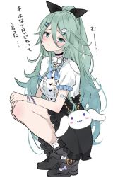 Rule 34 | 1girl, alternate costume, bag, black footwear, black ribbon, black skirt, boots, chigasaki yukari, cinnamoroll, commentary request, frilled shirt, frilled skirt, frills, green eyes, green hair, hair between eyes, hair ornament, hair ribbon, hairclip, highres, kantai collection, long hair, looking at viewer, parted bangs, ponytail, puffy sleeves, ribbon, sanrio, shirt, short sleeves, sidelocks, simple background, skirt, solo, squatting, translation request, white background, white shirt, yamakaze (kancolle)
