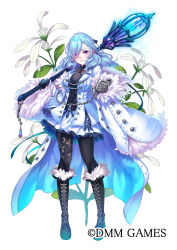 Rule 34 | 1girl, black footwear, black gloves, black pantyhose, blue hair, boots, braid, buttons, coat, company name, cross-laced footwear, flower, flower knight girl, full body, gloves, hair over one eye, holding, holding staff, knee boots, lace-up boots, leaf, legs apart, long hair, looking at viewer, mataichi mataro, name connection, object namesake, official art, over shoulder, pantyhose, parted lips, print pantyhose, purple eyes, simple background, skirt, smile, solo, staff, standing, white background, white coat, white skirt, yukihanasou (flower knight girl)
