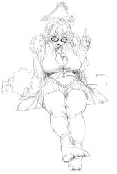 1girl ahoge blue_archive braid breasts halo highres indinu jacket kotori_(blue_archive) large_breasts monochrome navel open_mouth pointing pointing_up sketch skirt teardrop-framed_glasses