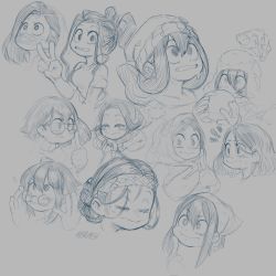 Rule 34 | 1girl, asui tsuyu, boku no hero academia, flauschdraws, frog girl, glasses, greyscale, hat, highres, long hair, low-tied long hair, mask, monochrome, mouth mask, multiple views, sketch, sweat, v
