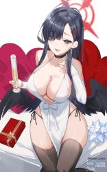 Rule 34 | 1girl, black hair, black wings, blue archive, blue eyes, box, breasts, choker, cup, dress, gift, gift box, hair ornament, hairclip, halo, highres, holding, holding cup, hwansang jungdog, ichika (blue archive), large breasts, long hair, red halo, smile, solo, white dress, wings