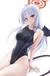 Rule 34 | 1girl, absurdres, alternate costume, arm support, bare shoulders, black one-piece swimsuit, blue archive, bow, braid, breasts, closed mouth, competition swimsuit, demon tail, demon wings, grey hair, hair bow, halo, haruna (blue archive), highres, long hair, looking at viewer, medium breasts, one-piece swimsuit, pink bow, red eyes, red halo, rinrasetsu, side braid, simple background, single braid, single wing, sitting, smile, solo, split mouth, swimsuit, tail, two-tone swimsuit, white background, wings