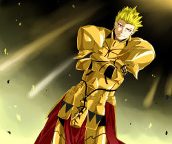 Rule 34 | 1boy, armor, blonde hair, crossed arms, dutch angle, earrings, fate/stay night, fate (series), gilgamesh (fate), hair slicked back, jewelry, male focus, marock, red eyes, solo