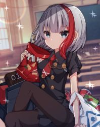 Rule 34 | 1girl, absurdres, admiral graf spee (azur lane), admiral graf spee (girl&#039;s sunday) (azur lane), arm support, azur lane, bag, bag of chips, black pantyhose, black shirt, black skirt, blue eyes, blurry, blurry background, breasts, can, chair, classroom, closed mouth, coke, collared shirt, depth of field, desk, hair between eyes, hand up, highres, holding, holding bag, indoors, looking at viewer, medium breasts, multicolored hair, necktie, pantyhose, plastic bag, pleated skirt, puffy short sleeves, puffy sleeves, rainbow, red hair, red necktie, sapphire (sapphire25252), school chair, school desk, shirt, short necktie, short sleeves, silver hair, sitting, skirt, solo, sparkle, streaked hair
