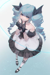 Rule 34 | 1girl, absurdres, asami okutoshioku, asymmetrical legwear, bare shoulders, black bow, black dress, black footwear, blue eyes, blue hair, bow, breasts, closed mouth, collarbone, detached sleeves, dress, drill hair, frilled dress, frills, from above, gloves, gradient background, grey background, grey dress, gwen (league of legends), hair bow, hands up, highres, index finger raised, kneehighs, league of legends, long hair, looking at viewer, puffy short sleeves, puffy sleeves, shoes, short sleeves, socks, solo, strapless, strapless dress, striped clothes, striped socks, striped thighhighs, thighhighs, twin drills, vertical-striped clothes, vertical-striped thighhighs