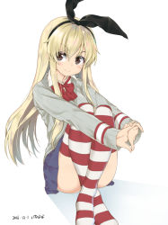 Rule 34 | &gt;:), 10s, 1girl, 2016, alternate costume, blonde hair, blush, bow, bowtie, brown eyes, crossed ankles, dated, hairband, kantai collection, long hair, looking at viewer, mokyutan, no shoes, pleated skirt, red bow, red bowtie, shimakaze (kancolle), simple background, sitting, skirt, smile, solo, striped clothes, striped thighhighs, sweater, thighhighs, v-shaped eyebrows, white background