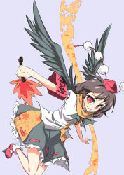 Rule 34 | 1girl, armband, bird wings, black bow, black skirt, black wings, bow, brown hair, commentary request, evil smile, geta, hand fan, hat, hauchiwa, heiqi (sharpface), holding, holding fan, leaf, leaf print, looking at viewer, maple leaf, maple leaf print, pom pom (clothes), puffy short sleeves, puffy sleeves, purple background, red armband, red eyes, red footwear, scarf, shameimaru aya, shirt, shoes, short hair, short sleeves, simple background, skirt, smile, solo, tengu-geta, tokin hat, touhou, white shirt, wings, yellow scarf