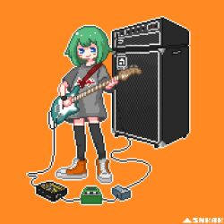 Rule 34 | 1girl, ampeg, amplifier, artist name, bass guitar, black thighhighs, blue eyes, cable, closed mouth, effects pedal, full body, green hair, grey shirt, hashtag-only commentary, highres, instrument, looking at viewer, medium hair, music, orange background, orange footwear, original, outline, oversized clothes, oversized shirt, pixel art, playing instrument, shirt, shoes, short sleeves, simple background, snkak (snkakdot), solo, standing, t-shirt, thighhighs, white outline