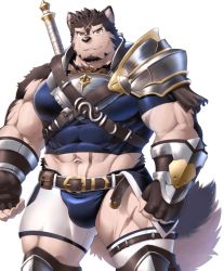 Rule 34 | 1boy, abs, animal ears, another eidos-r, armor, asymmetrical shorts, asymmetrical sleeves, bara, bare shoulders, beckoning, billford (another eidos), bulge, chest belt, come hither, covered abs, cross scar, dog boy, dog ears, dog tail, facial hair, feet out of frame, ganmakaosu, gluteal fold, goatee, large pectorals, looking at viewer, male focus, mature male, midriff, muscular, muscular male, navel, navel hair, official art, parted lips, pauldrons, pectorals, scar, scar on face, scar on forehead, scar on leg, short hair, shorts, shoulder armor, single bare shoulder, single pauldron, smile, solo, stomach, sword, sword behind back, tail, thick thighs, thighs, transparent background, weapon, white shorts