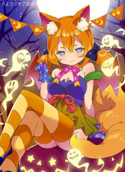 Rule 34 | 1girl, animal ears, bare shoulders, bare tree, blue eyes, blue gloves, blush, bow, bowtie, breasts, closed mouth, copyright request, crossed legs, ebisque, floral print, fox ears, fox tail, full moon, ghost, gloves, green skirt, hair between eyes, hair bow, halloween, head tilt, jack-o&#039;-lantern, medium breasts, moon, night, official art, orange hair, outdoors, pink bow, pink bowtie, pleated skirt, sitting, skirt, smile, solo, star (symbol), striped clothes, striped thighhighs, tail, thighhighs, tree, twintails, watermark