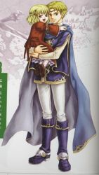 Rule 34 | 1boy, 1girl, blonde hair, brother and sister, cape, child, dress, fire emblem, fire emblem: the blazing blade, guinevere (fire emblem), holding, nintendo, official art, open mouth, red dress, scan, short hair, siblings, smile, wada sachiko, zephiel