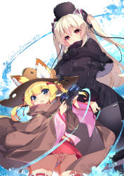 Rule 34 | 2girls, absurdres, animal ears, bell, black capelet, black dress, black hat, black ribbon, blonde hair, blush, brown cloak, brown hat, capelet, cat ears, cloak, closed mouth, commentary request, copyright name, crossover, dress, ears through headwear, fox ears, fujishima-sei ichi-gou, fur-trimmed capelet, fur-trimmed sleeves, fur hat, fur trim, ginga tetsudou 999, groin, gun, hair bell, hair between eyes, hair ornament, hair ribbon, hairclip, hands up, hat, highres, holding, holding gun, holding weapon, jingle bell, kemomimi oukoku kokuei housou, long hair, long sleeves, looking at viewer, maebari, mikoko (kemomimi oukoku kokuei housou), multiple girls, no panties, nora cat, nora cat channel, ofuda, parted lips, pleated skirt, red eyes, red ribbon, red skirt, ribbon, ribbon-trimmed legwear, ribbon trim, science fiction, sidelocks, skirt, thighhighs, twintails, two side up, very long hair, virtual youtuber, weapon, weapon request, white legwear, wide sleeves
