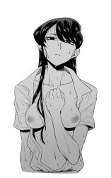 Rule 34 | 1girl, breasts, breasts out, clenched hand, collarbone, expressionless, greyscale, highres, komi-san wa komyushou desu, komi shouko, long hair, looking at viewer, medium breasts, monochrome, navel, nipples, open clothes, simple background, solo, tesu, wet, wet clothes, white background