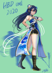 Rule 34 | 1girl, :o, arm cuffs, artist name, artist request, bare shoulders, blue dress, blue hair, blue nails, boots, bowl, bun cover, china dress, chinese clothes, collar, dim sum, double bun, dress, eyelashes, female focus, fingerless gloves, floating hair, floral print, frills, full body, gloves, hair between eyes, hair bun, hand on chest, hand on own hip, high heel boots, high heels, knee boots, l0ssl3ssarts, light particles, long hair, looking at viewer, love live!, love live! school idol festival, love live! school idol project, nail polish, no socks, print dress, purple hair, ribbon, shorts under dress, side slit, sleeveless, solo, sonoda umi, very long hair, white gloves, white ribbon, yellow eyes